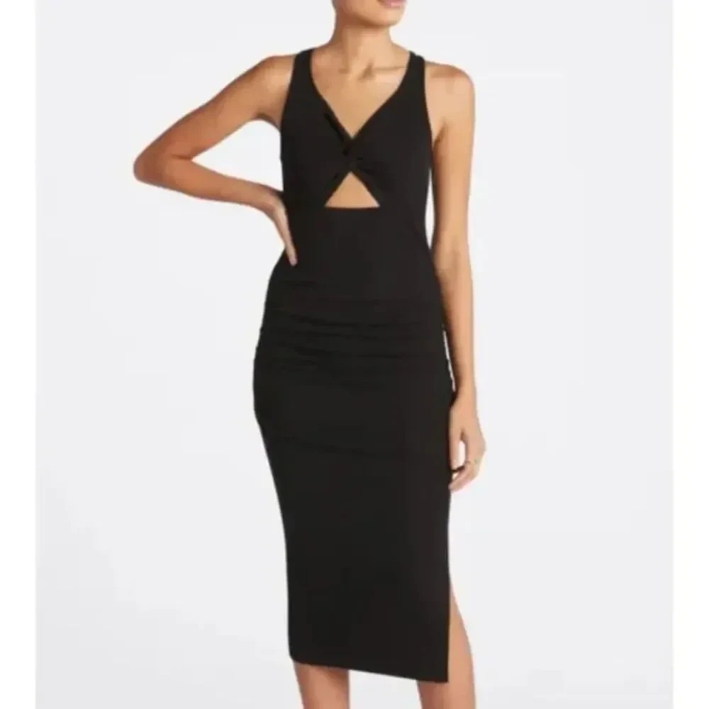 NWT Womens Michael Stars Guilia Ultra ribbed black bodycon dress ruched size XL
